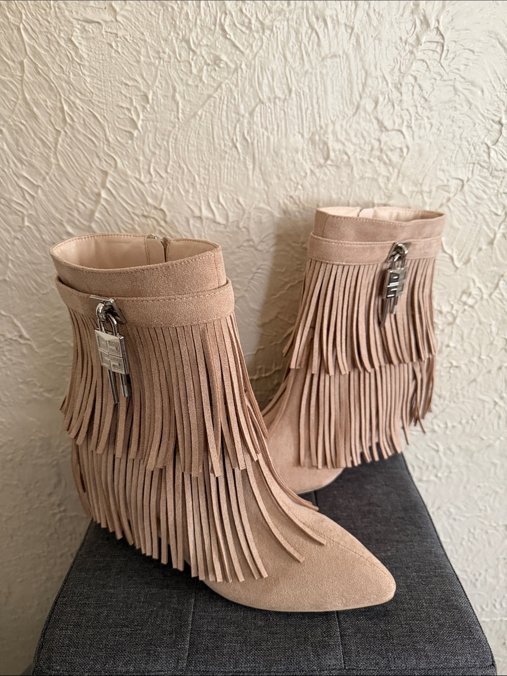 Fringed Suede Ankle Boots in Beige (brand new)